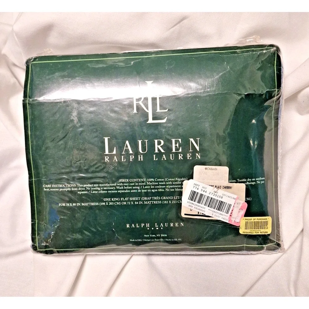 Vintage Ralph Lauren‎ KING Flat KENNEBUNKPORT Plaid Blue Chambray Sheet Rare New